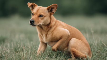 A small brown dog sits gracefully on lush green grass, basking in the warm sunlight. This adorable canine embodies joy and serenity in its natural outdoor setting.の素材