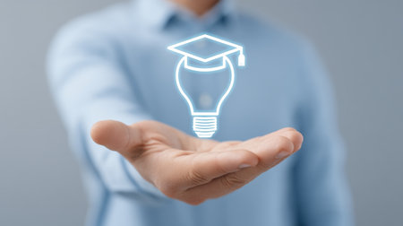A hand presents a glowing lightbulb with a graduation cap, representing the fusion of education and innovation, inspiring ideas and creativity for future success.の素材