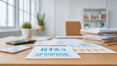 A well-organized office workspace featuring charts, papers, a calculator, and a smartphone. The bright environment enhances creativity and productivity.の素材