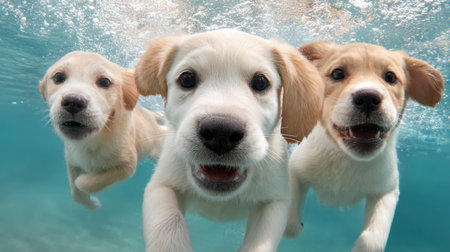 Three energetic puppies swim together underwater, showcasing their vibrant expressions and sparkling bubbles. A perfect scene of joy and playfulness in nature.の素材