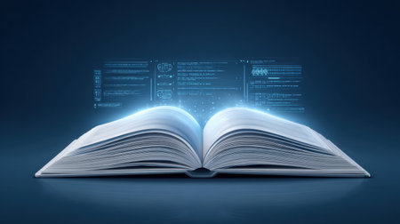 This image features an open book with glowing pages accompanied by digital data visualizations, symbolizing the fusion of traditional learning with modern technology and innovation.の素材