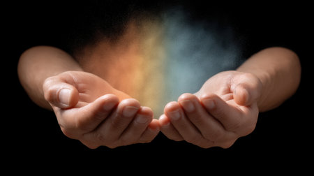 A mesmerizing image of open hands releasing colorful dust, symbolizing transformation and creativity, set against a dark background that enhances its vibrant energy.の素材