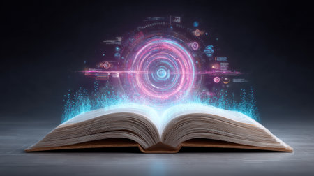 An open book emits colorful digital elements, merging literature with technology. This captivating image symbolizes the bridge between traditional knowledge and modern creativity.の素材
