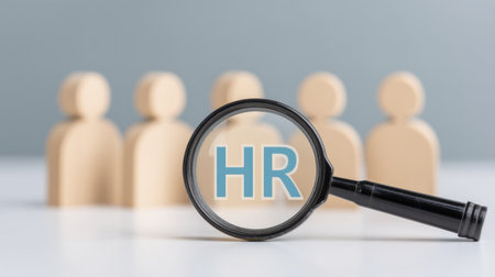 A magnifying glass highlights "HR" in blue, symbolizing a focus on human resources against a backdrop of wooden figures. This image represents key HR concepts like teamwork and evaluation.の素材