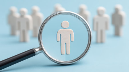 A magnifying glass highlights a single human figure against a group of blurred silhouettes, illustrating the theme of individuality and focus within diverse human interactions.の素材