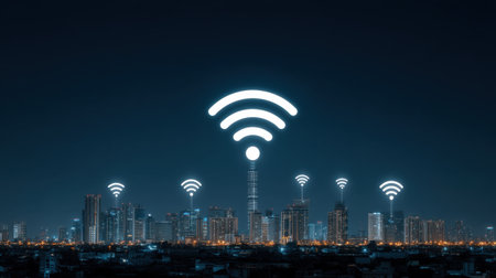 A modern city skyline at night adorned with wireless connectivity symbols signifies the digital age and technological advancements in urban environments.の素材