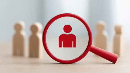 A red magnifying glass emphasizes a person silhouette against wooden figures, symbolizing focus and analysis. Ideal for concepts related to observation and individuality.の素材
