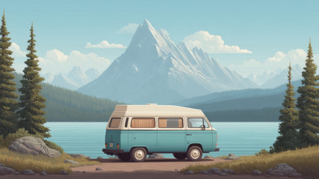 A vintage blue camper van stands by a peaceful lake, surrounded by majestic mountains and lush forests, capturing the essence of adventure and tranquility in nature.の素材