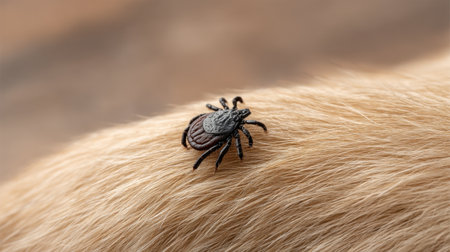 A detailed close-up of a tick resting on the fur of a dog, symbolizing the need for vigilance in pet care and the importance of preventing tick-borne diseases in animals.の素材