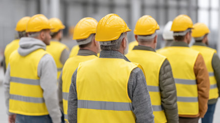 A group of construction workers wearing safety helmets and vests stands together in an industrial environment, symbolizing teamwork and preparation for a project.の素材