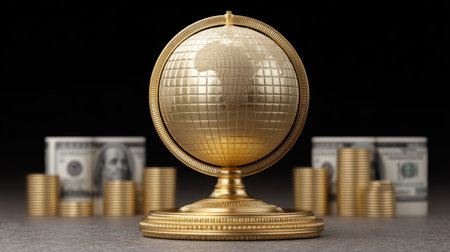 A stunning golden globe symbolizing economic relations, surrounded by stacks of coins and bills. This image represents wealth, investment, and global finance dynamics.の素材