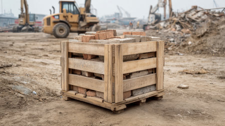 A wooden crate filled with bricks is positioned on a dusty construction site with heavy machinery in the background, illustrating an industrial work environment.の素材