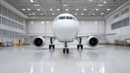 A pristine passenger aircraft stands ready in a well-lit hangar, emphasizing the sleek design and advanced technology in modern aviation and aircraft maintenance facilities.の素材