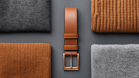A stylish leather belt stands out at the center, surrounded by cozy knit fabrics in earthy tones of brown, gray, and orange, perfect for fashion enthusiasts.の素材