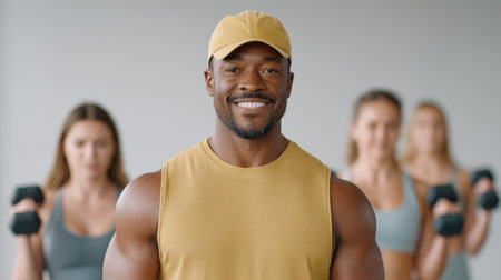 A cheerful fitness instructor stands confidently in front of a group of engaged women during a workout session, embodying motivation and promoting a healthy lifestyle in a gym.の素材