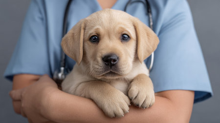 A cute Labrador puppy is cradled gently in the arms of a veterinarian, embodying the bond of care and compassion essential in animal healthcare environments.の素材