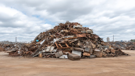 A large heap of scrap metal and debris dominates the industrial area, surrounded by an urban landscape and rich textures under a cloudy sky, showcasing environmental concerns.の素材