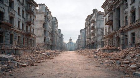 Explore this haunting urban landscape featuring abandoned buildings and empty streets littered with debris, evoking a sense of desolation and forgotten history.の素材