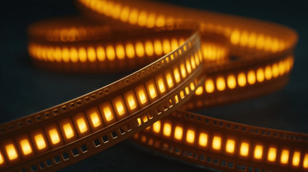 This artistic image features a neon film strip with a warm orange glow against a dark background, perfect for cinematic themes, photography projects, and creative inspirations.の素材