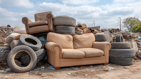 An abandoned couch sits in a dump surrounded by old tires and waste, highlighting issues of pollution and neglect in urban environments against a cloudy sky.の素材