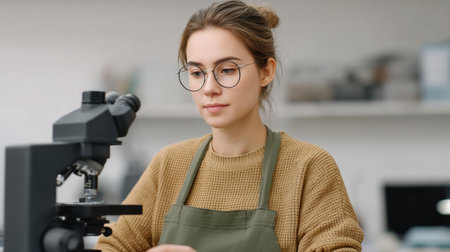 A young woman in a cozy sweater and glasses concentrates while analyzing a sample through a microscope in a modern laboratory setup, showcasing dedication to research.の素材