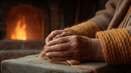 Close-up of hands working with fibers in a warm, inviting setting, emphasizing the artistry and care involved in traditional crafting methods near a cozy fire.の素材