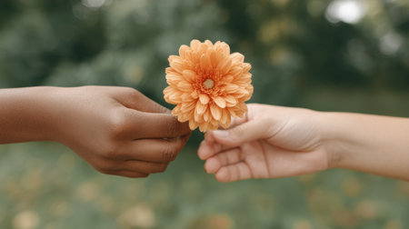 A poignant moment captured as two diverse hands exchange a beautiful orange flower, symbolizing friendship and connection in a serene natural setting.の素材