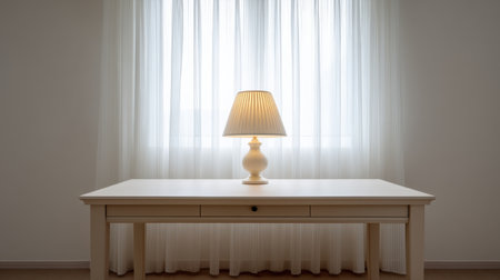 A stylish indoor scene featuring a table lamp on a white table, illuminated by soft natural light filtering through sheer curtains. Perfect for modern decor.の素材