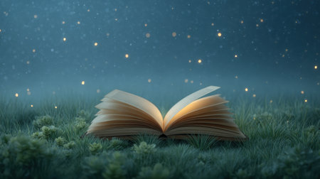 An inspiring scene of an open book resting on vibrant grass, glowing softly amidst twinkling lights, creating an enchanting atmosphere perfect for storytelling.の素材