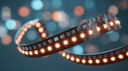 A mesmerizing abstract film strip glides through a dreamy background of bokeh lights in blue and orange tones, evoking themes of cinema and creativity.の素材