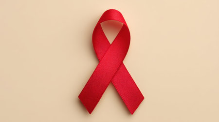 A vibrant red awareness ribbon displayed on a smooth neutral backdrop, symbolizing support for important health causes, encouraging awareness and action.の素材