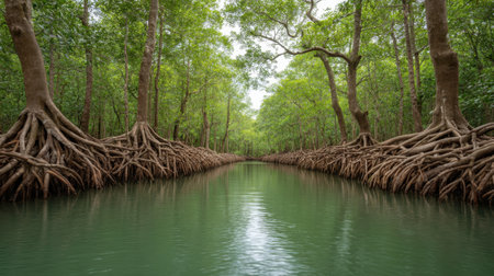 Explore a peaceful scene of a tropical mangrove forest, featuring intricate roots and calm water, surrounded by vibrant greenery under a gentle overcast sky.の素材