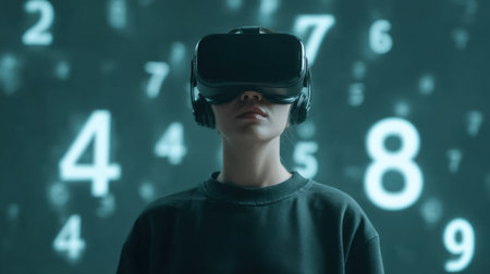 A young woman experiences virtual reality through a headset, surrounded by dynamic numbers, showcasing the blend of technology and creativity in modern exploration.の素材