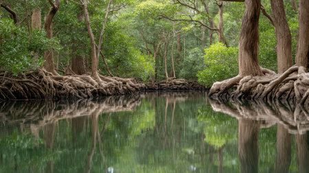 A stunning view of a tranquil mangrove river with vivid reflections of trees in calm waters, creating a serene atmosphere in a lush green environment perfect for nature lovers.の素材