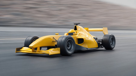 A dynamic shot of a yellow race car speeding on a blurred circuit, showcasing the thrill of motorsports with its sleek design and impressive performance.の素材
