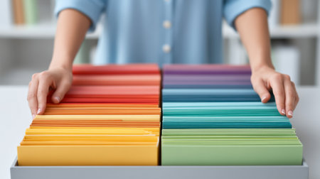 A person organizes colorful folders on a tidy desk, showcasing vibrant hues of red, orange, yellow, green, and blue. This scene reflects order and productivity.の素材