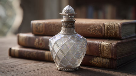 This elegant glass bottle features an intricate design, resting on vintage books in a softly lit room, showcasing beauty and craftsmanship amidst a tranquil setting.の素材