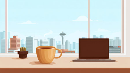 A serene workspace featuring a warm coffee cup and a laptop on a desk, with a vibrant city skyline and notable landmark visible through a sunlit window.の素材