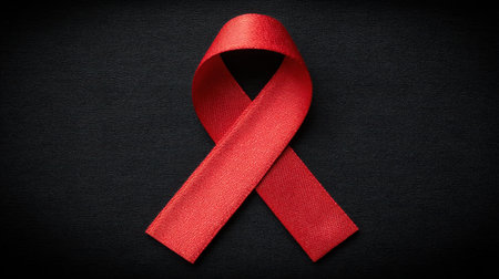 This striking red ribbon serves as a powerful symbol for health awareness and support, standing out against a dark background to evoke emotions of hope and unity.の素材