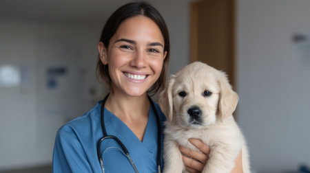 A cheerful young female veterinarian holds a fluffy golden retriever puppy in a modern clinic, emphasizing compassion and love for animals in her professional environment.の素材