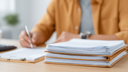 A business professional is organizing important documents on a desk, highlighting a focused workspace atmosphere. The scene showcases effective organization and productivity.の素材