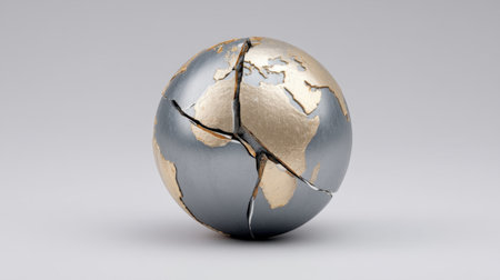 Artistic representation of a cracked globe symbolizes the fragility of planet Earth, highlighting the urgent need for environmental awareness and global responsibility.の素材