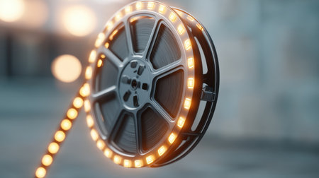 Capture the charm of cinema with this vintage film reel featuring illuminated edges. Ideal for creative projects, advertisements, or multimedia presentations.の素材