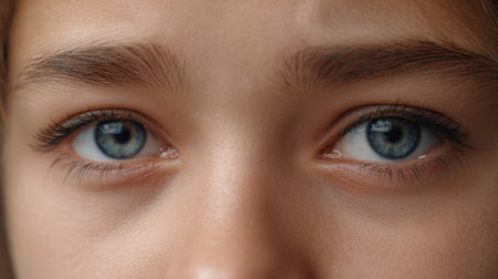 This close-up portrait showcases stunning blue eyes reflecting emotion and depth. The natural makeup enhances the serene beauty of the soft skin, evoking captivating charm.の素材