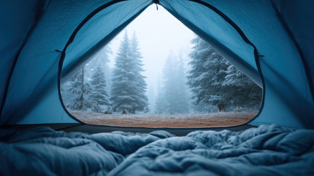 A cozy tent interior reveals a breathtaking snowy forest view, shrouded in fog. This serene scene invites outdoor enthusiasts to experience nature's tranquility at dawn.の素材