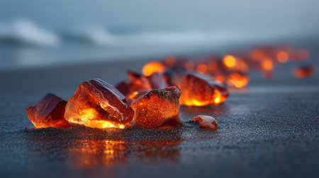 This captivating image features glowing amber rocks scattered on a dark sandy beach at dusk, with soft ocean waves in the background, evoking a serene coastal scene.の素材