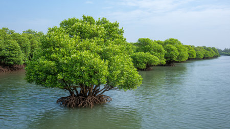A stunning view of verdant mangrove trees rising from tranquil water, set in a coastal wetland under a bright sky, showcasing nature beauty and diversity.の素材