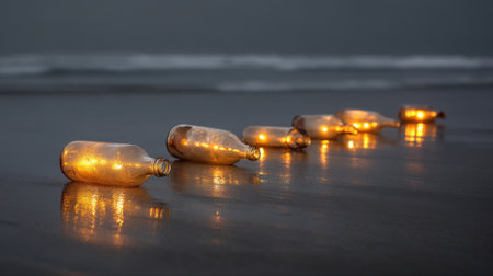 A tranquil scene of glowing bottles scattered on a wet sandy beach during dusk, illuminated by soft lights, creating a serene ambiance against gentle ocean waves.の素材