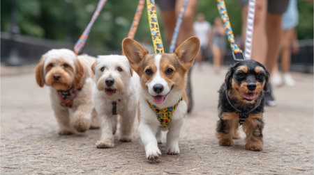 A charming scene of four dogs joyfully walking with their owners in a park. The vibrant atmosphere highlights the bond between pets and their companions.の素材