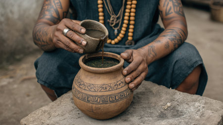 A skilled artisan pours liquid into a beautifully crafted clay pot, showcasing the intricate designs and deep cultural significance of traditional pottery-making in a natural setting.の素材
